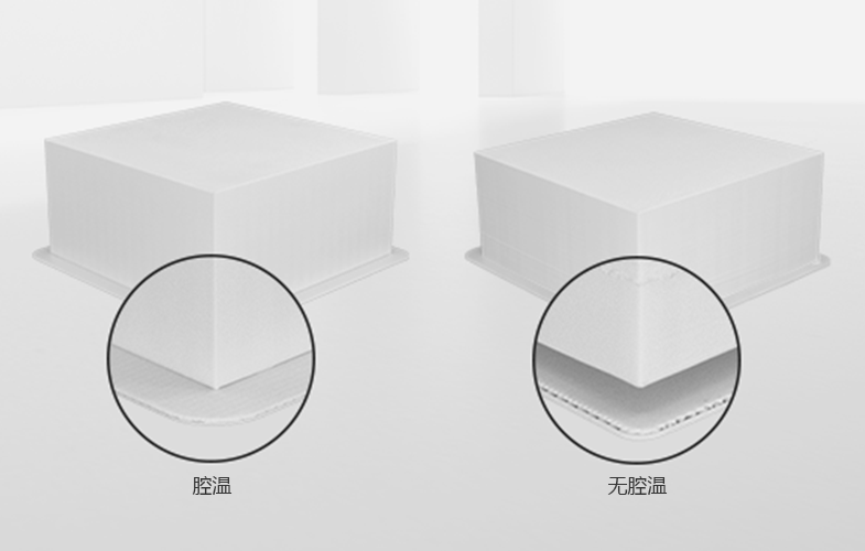 工程材料PC在打印过程中受温度影响明显。当打印件的单边尺寸超过150mm时，120℃恒温腔室可有效避免底部翘曲、脱层开裂、变形等问题，并提高打印件的Z向结合强度。
